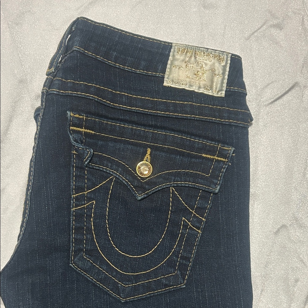 True Religion Women's Dark Blue Jeans with Gold Details